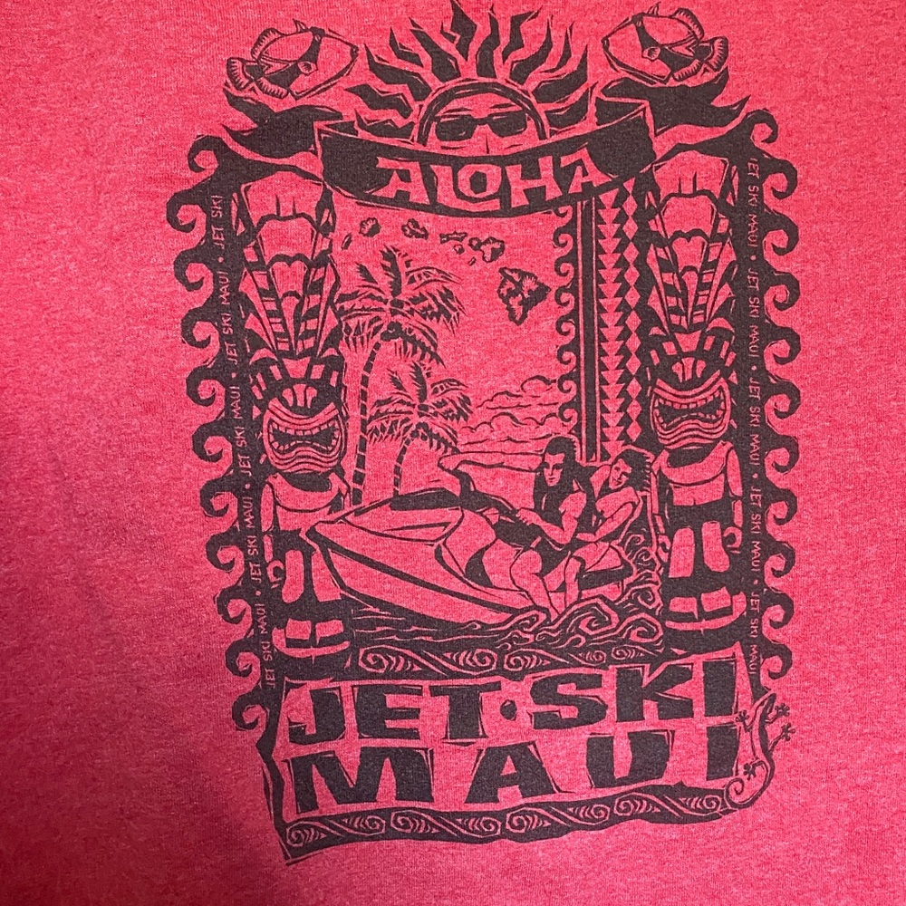 Vintage Hawaiian Design Red Cotton Graphic Tee with Jet Ski Maui Graphic M